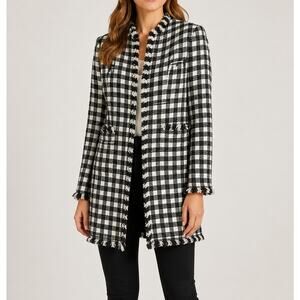 TAHARI Gingham Longline Coat Fringe Tweed Jacket Plaid Preppy 90's Black White